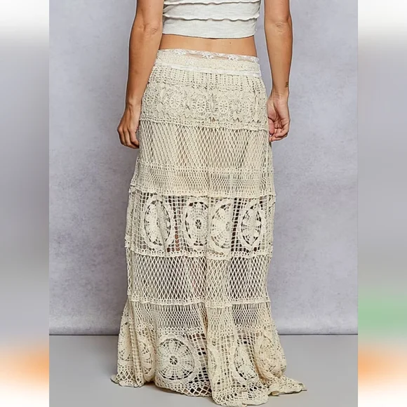 NS01. POL Bohemian Crochet Neutral Cotton One Size Summer Maxi Skirt - Picture 2 of 4